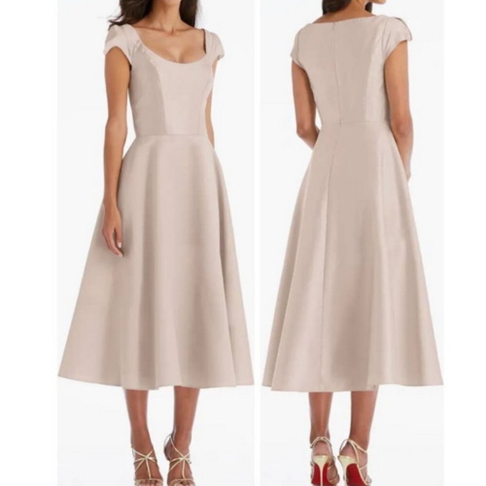 Alfred Sung D798 Cameo Cap Sleeve Full Skirt Satin Midi Cocktail Dress